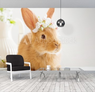 Picture of little rabbit with spring flowers and Easter eggs